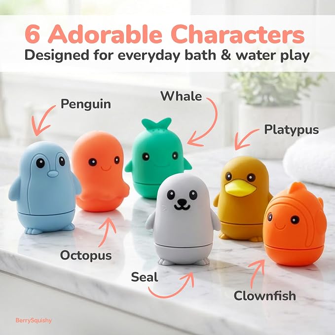 Silicone Bath Toys, Opens for Cleaning, Baby Bath Toys 9M+, Toddler Bath Toys 1-3, Bathtub Toys, Ocean Friends 6-Piece Set
