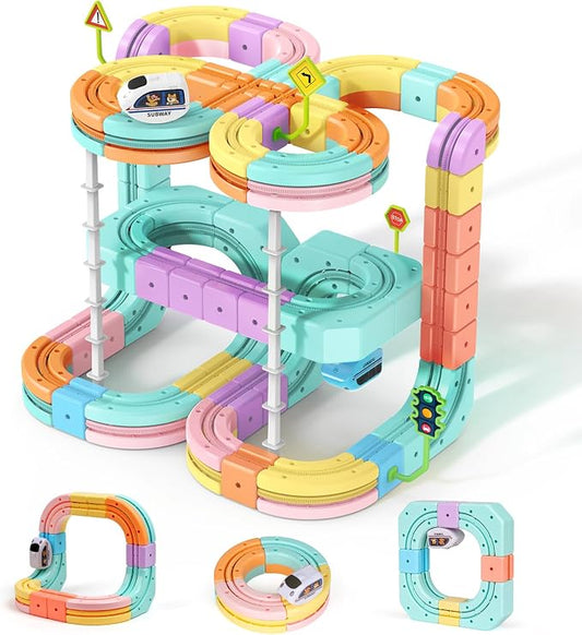 Hot Bee Electric Train Set for Kids, Gravity-Defying 3D Train Track Set with 134PCS Flexible Snap-On Tracks, USB Rechargeable Motorized Car, STEM Building Toy Birthday Gifts for Boys Girls 3 4 5 6 7 8