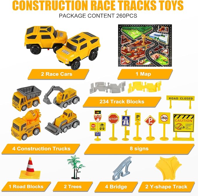 260 PCS Construction Race Tracks for Kids Toys, 2 Racing Cars, 4 Construction Cars, 1 Map & Flexible DIY Track Set, Engineering Toys for 3 4 5 6 Year Old Boys Girls