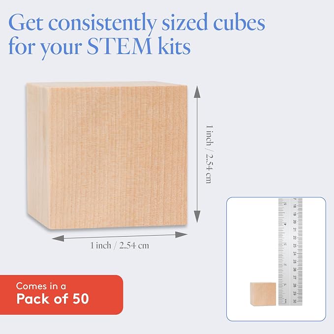 DIY Wood Cubes 1-inch, Pack of 50 Small Wooden Baby Blocks for Baby Shower, Wooden Blocks for Crafts, STEM, Building, and Blank Wood Dice, by Woodpeckers