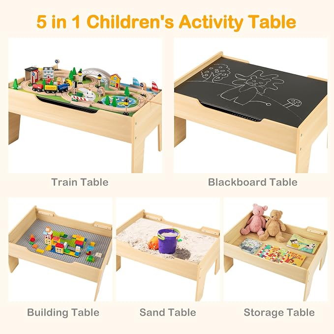 INFANS Train Table with Storage, 78 Pieces Wooden Kids Activity Toy Table Playset with Reversible Detachable Tabletop, Tracks, Train, Railway, City, Gift for Toddler Boys Girls Ages 3+