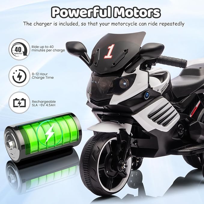 Kids Ride On Motorcycle, 6V Battery Powered Electric Motorcycle, w/Treaded Tires, Horn, Working Headlight, Music, Training Wheels, Stable Ride On Toys for Kids Toddler Boys Girls 3-6, White