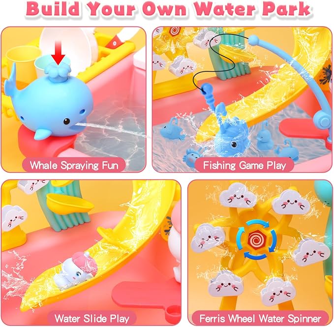 CUTE STONE Toddler Water Table for Kids, Kitchen Sink Toy with Running Water & Fishing Game,Water Play Table for Backyard Beach Pool, Summer Gifts for Boys Girls-Unicorn