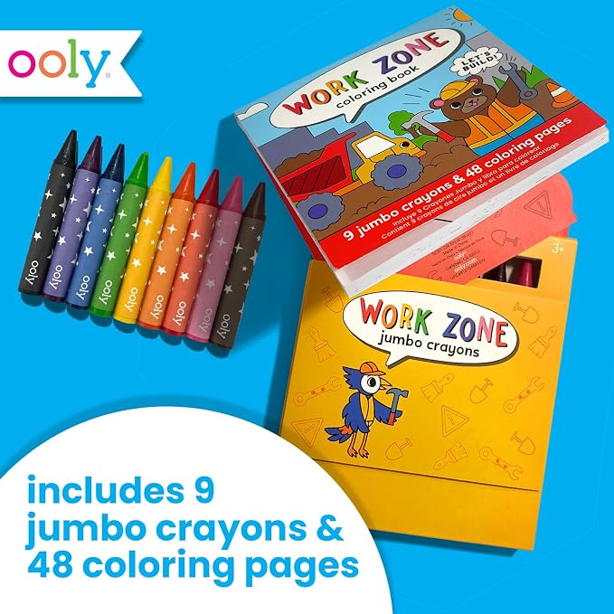 Ooly Kids Travel Activity Kit – 9 Jumbo Crayons & 48 Coloring Pages, Car Crafts for Kids, Mess-Free Road Trip Art Set, Airplane Activities – Work Zone