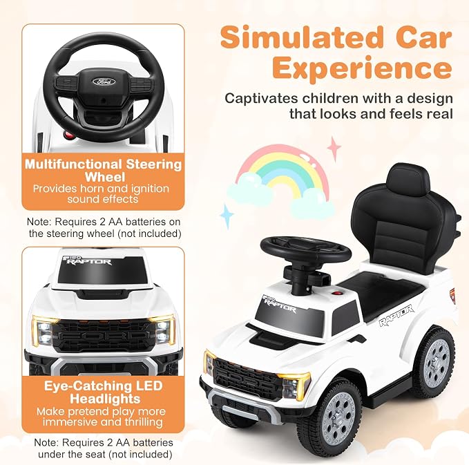 Costzon Ride On Push Car for Toddlers, 3-in-1 Ford Licensed Sliding Car w/Handle, Guardrail, Horn, Engine Sound, LED Lights, Under Seat Storage, Foot-to-Floor Kids Ride On Toys for Boys Girls (White)