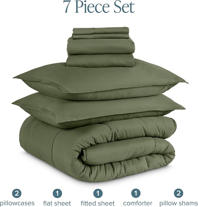 Bare Home Bed-in-A-Bag 7 Piece Comforter & Sheet Set - Full - Goose Down Alternative - Ultra-Soft 1800 Premium - Bedding Set (Full, Cypress/Cypress)