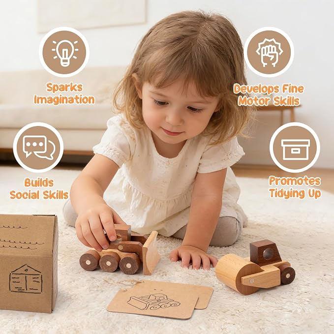 Wooden Toy Cars for 3 Year Old Boys & Girls - Construction Vehicles Set Push Toys for Toddlers, Wood Montessori Car with Rolling Wheels, Natural Wood Toys (Bulldozer & Road Roller)