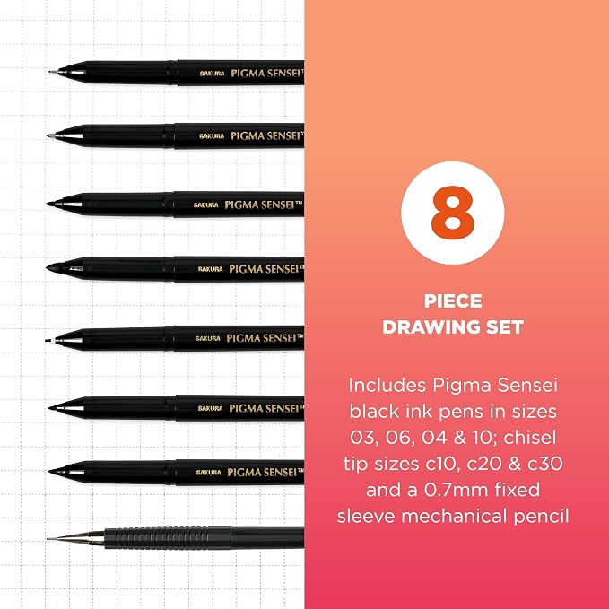 SAKURA 50204 8-Piece Pigma Sensei Manga Drawing Kit, Black