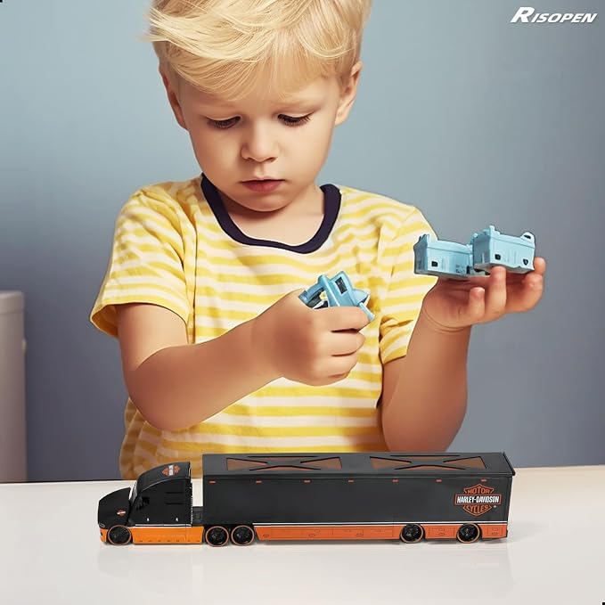 Semi Truck Toy with Trailer, 1/64 Scale Alloy Metal Diecast Heavy Semi Truck Trailer Head Toy Model, MAx Diecast Tow Traktor Gift for Boy Adult Model Car Collector -OrangeBlack