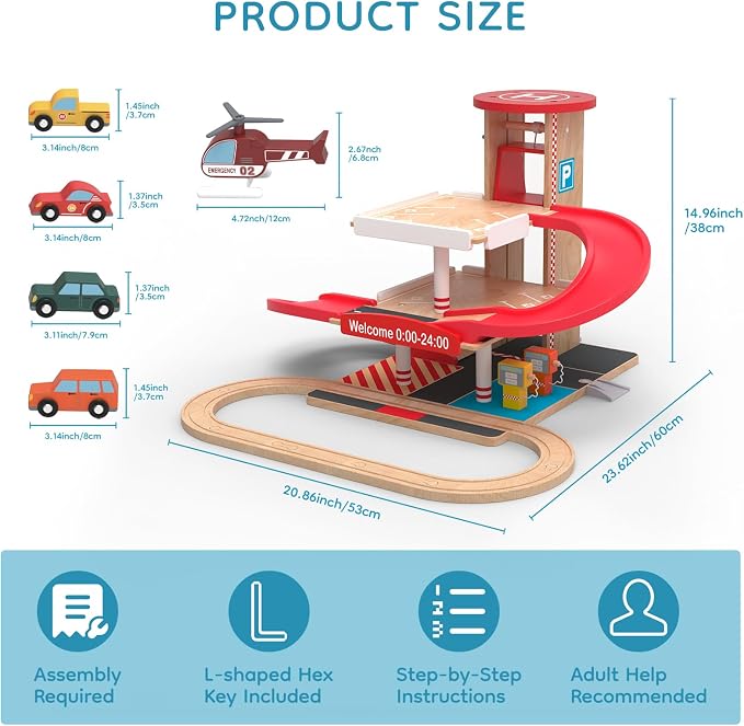Wooden Parking Garage Toy Set for Toddlers Ages 3-5 - Hand-Crank Elevator & Spiral Ramp Track, Compatible with Standard Train Tracks, Birthday for Boys and Girls