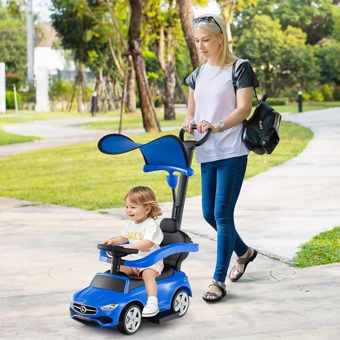 Costzon Push Car for Toddlers, 3 in 1 Mercedes Benz Stroller Sliding Walking Car w/Canopy, Handle, Safety Bar, Horn Sound, Underneath Storage, Foot-to-Floor Ride On Toy for Boys & Girls (Blue)