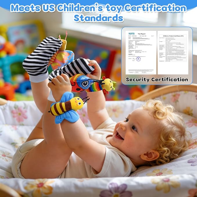 Baby Sensory Toys 0-6 Months, Socks and Foot Finder Set with Sounds for Babies 6-12 Months, Wrist Rattles for Babies 0-12 Months, Newborn Essentials Toy, Toddler Baby Boy Girl Shower Gifts