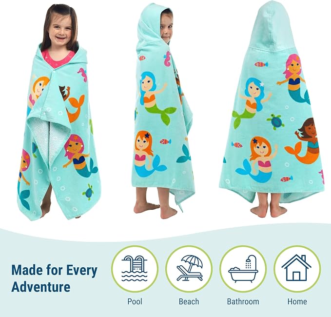Wildkin Kids Hooded Beach Towel – 100% Cotton, Snap Front for Bath, Pool & Beach - Mermaids