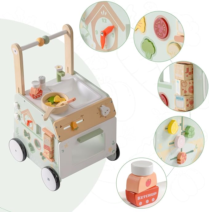 ROBOTIME Baby Walker Push Toy, Adjustable Height & Speed, Prevents Bow Legs, Spring Garden Activity Center with Clock, Shape Sorter, Play Kitchen, and Sink, Ideal Toddler Walking Toy for 10+ Months