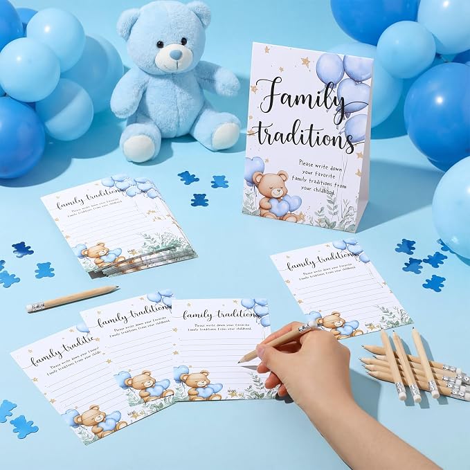 Fumete 61 Pieces Family Tradition Baby Shower Games Include 1 Family Traditions Standing Sign and 50 Activities Cards with 10 Pencils for Gender Reveal Bridal Shower Wedding(Blue,Bear)