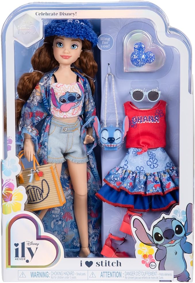 Disney ily 4EVER Dolls Disney 100 - Stitch 11.5" Tall with 13 Points of Articulation, Two Complete Mix-and-Match Outfits and Glittery Mickey Ring for You!