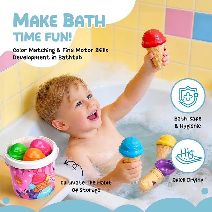 JoyCat Ice Cream Toy Set for Toddlers 1-5, Color Sorting & Stacking Toys, Pretend Play Food for Boy Girls Kids, Educational Fine Motor Skills Gift (7 Cones 7 Scoops 1 Bucket)
