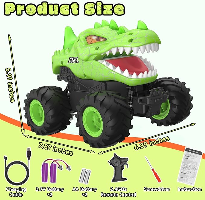 Dinosaur Remote Control Car, 2.4GHz Monster Truck Toys Rechargeable RC Cars 1:24 Scale RC Truck with LED Light Movable Mouth, Dinosaur Cars Toys for Kids Boys 6-8 8-12 Birthday Gift, Green