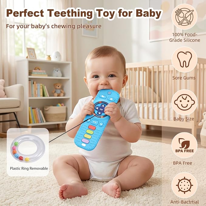 HAILI XMGQ Teething Toys for Baby, Sensory Baby Chew Toy, Rattle Ring Teether Toys for Babies 0-3-6-12 Months, Silicone TV Remote Control Shape for New Baby Gift (Blue)