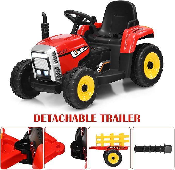 HONEY JOY Ride On Tractor with Trailer, Toddler 3-Gear-Shift Ground Loader, LED Lights, Horn, Music, 12V Battery Powered Electric Toy Tractor with Remote Control (Red)