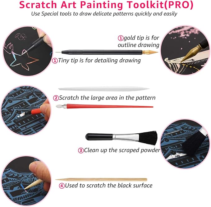 Scratch Art Tools, 9 Pcs Scratching Drawing Tools Set: Artist Glove, Tools Bag, Scratch Coloring Pens, Plastic and Wooden Stylus, Scraper, Repair Pen, Clean Brush for Adults & Teens Painting Paper