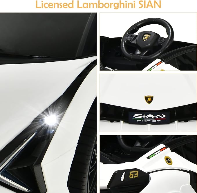 OLAKIDS Kids 12V Licensed Lamborghini SIAN Ride On Car, Electric Vehicle for Toddler with Control Remote, Battery Powered Toy with Music, Horn, 2 Speeds, Suspension, LED Lights, Bluetooth, USB (White)