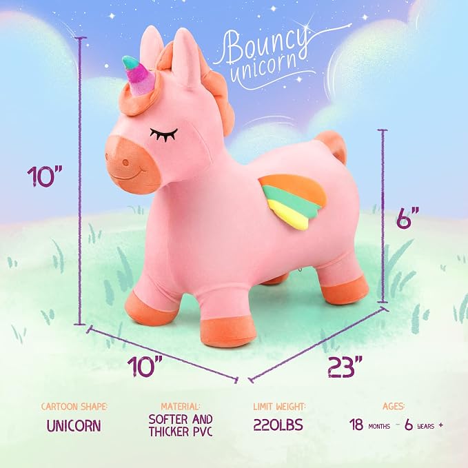 Bouncy Hopper Horse Unicorn Toys, Inflatable Bouncing Animal Hopping Toys, Outdoor Indoor Ride on Bouncer, Boys Girls Birthday Gift for 18 Month 2 3 4 5 6 Year Old Kid- Plush Unicorn Toy