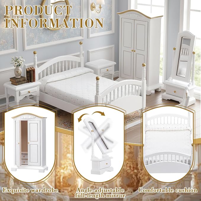 Skylety 7 Pcs Wooden Dollhouse Furniture Set 1: 12 Scale Victorian Dollhouse Bedroom Furniture, Bed Dressing Table Wardrobe Carpet for Adults Toys Miniature Doll House Accessories(White,Vintage)