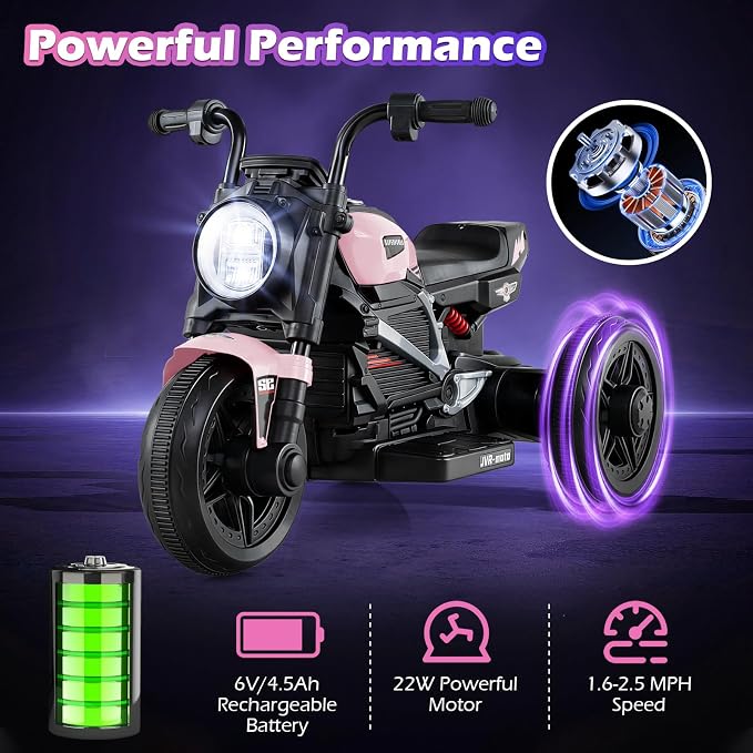 Costzon Toddler Motorcycle, 6V Chopper Kids Motorcycle Ride On Toy with LED Headlight, Music, Story, 3-Wheel Stable Electric Motorbike for Toddlers Boys Girls (Pink, 31" x 18.5" x 19.5"(L x W x H))