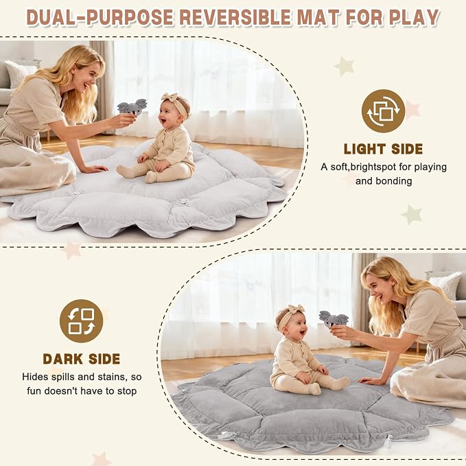 5-in-1 Baby Activity Gym & Play Mat with 6 Hanging Toys, Tummy Time Mat & Cards - Extra Large, Reversible Machine Washable Pad - Gift for Newborns, Infants 0-12 Months, Grey