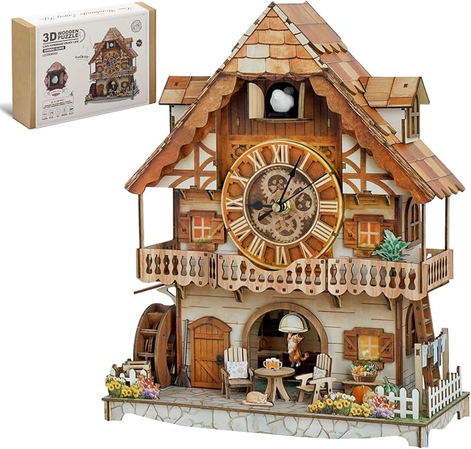 DIY Cuckoo Clock 3D Wooden Puzzle for Adults- German Pastoral Cottage Model Kit with Real Bird Call, 170PCS Miniature Dollhouse Wall Clock Home Decor, Unique Father's Day & Graduation Gifts