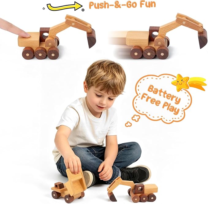 Wooden Toy Cars for 3 Year Old Boys & Girls - Construction Vehicles Set Push Toys for Toddlers, Wood Montessori Car with Rolling Wheels, Natural Wood Toys (Excavator & Dump Truck)
