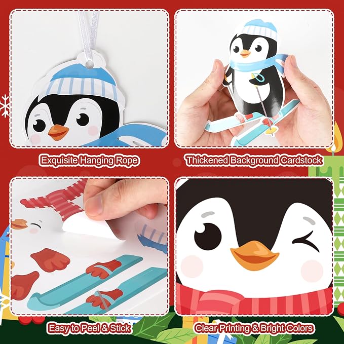 PAIVSUN 24Pcs Christmas Craft Kits, DIY Penguin Stickers Cutouts Ornaments Kit, Make Your Own Christmas Craft for Xmas Tree Decorations Winter Party Handcraft Supplies