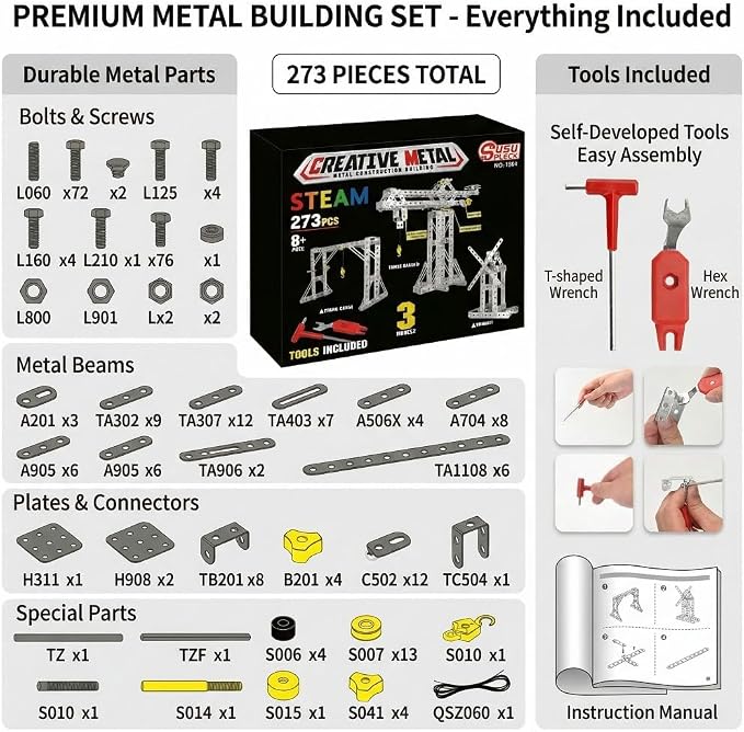 Metal Building Toys, 273pcs 3 in 1 Tower Crane & Frame Crane & Windmill Metal Model Set,Erector Sets for Boys Age 8-12,DIY Building Stem Projects Toys for Kids,Birthday Gifts for Model Crane Fan
