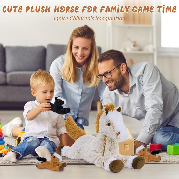 Tezituor 4Pcs Horse Stuffed Animal Set, 21inches Large Mommy Stuffed Horse with 4 Babies Pony Toys, Brown Stuffed Pony Plush Pillow for Boys Girls Birthday Gift Decoration