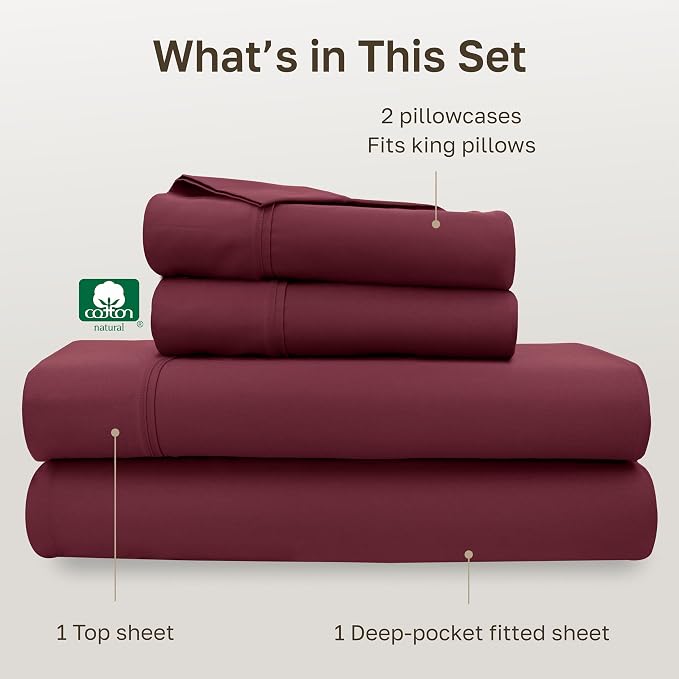 CALIFORNIA DESIGN DEN Soft 100% Cotton King Size Bed Sheets Set, 400 Thread Count Good Housekeeping Award Winner, Silky Smooth Sateen Weave with Deep Pockets, Durable King Bed Sheet Set - Burgundy Red