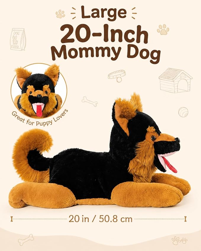 MaoGoLan 5Pcs Giant German Shepherd Dog Plush Toys with 4 Babies, Realistic Soft and Cuddly Stuffed Dog Puppies for Kids, Puppy Lovers