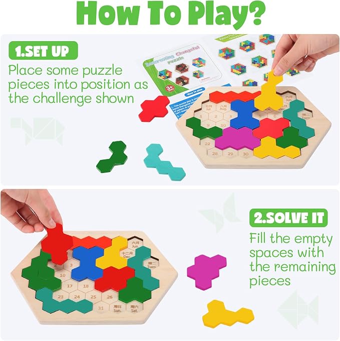 Yunsailing 3 Pack Large Wooden Blocks Puzzles Hexagon Tangram Puzzle Wooden Russian Brain Puzzles for Adult Challenge Teasers Geometric Jigsaw Logic Iq STEM Educational Gift Graduation(Multilateral)
