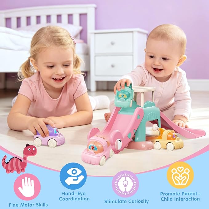 Dinosaur Car Ramp Slide Toy for Toddlers — 4 Push Cars with Race Track, Baby Slide Indoor Toy, Montessori Learning Birthday Gift for Boys Girls 1 2 3 Year Old (Pink)
