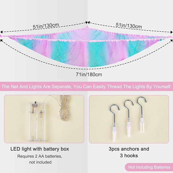 Unicorn Castle Stuffed Animals Net or Hammock Kids Toy Storage Organizer with LED Light Hanging Corner Stuffed Animals Holder Kids Girls Room Decor,Pink-Blue-Purple,Large (Pack of 1)