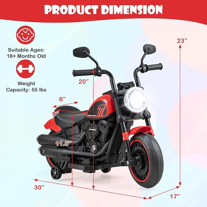 Costzon Toddler Motorcycle, 6V Battery Powered Electric Motorcycle with Detachable Training Wheels, Soft Start, Headlights & Music, Kids Motorcycle Ride on Toy for Toddlers Boys Girls 18+ Months (Red)