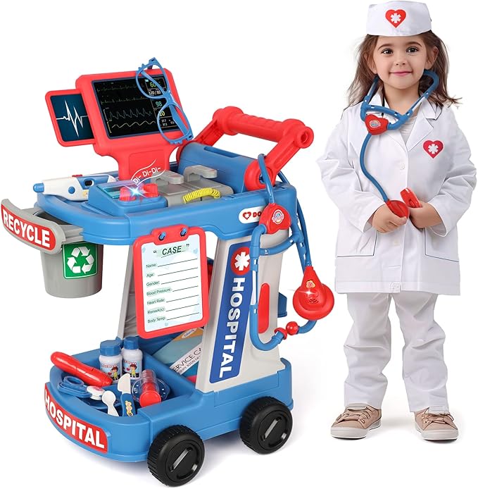 Liberry Doctor Kit for Toddlers Ages 3 4 5, Pretend Kids Doctor Playset with Cart, Costume and Stethoscope, Role Play Medical Toys Birthday Gift for Girls Boys (Blue)