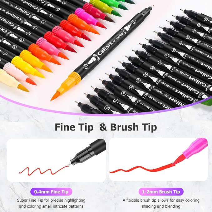 Caliart 34 Double Tip Brush Pens Art Markers, Artist Fine & Brush Markers for Adult Coloring Books Journaling Calligraphy Lettering Planners Cards Drawing Craft Kit Teacher Office Supplies