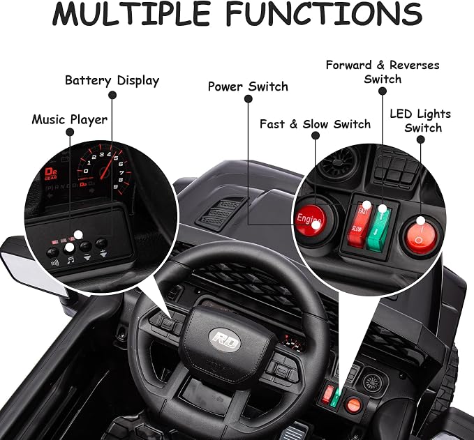 GarveeLife 12V Kids Ride On Truck Electric Vehicle Battery Powered Car Toddlers Ride On Toy for Boys Girls with Remote Control, 4-Wheel Suspension, Battery Display, LED Lights, Music, Black