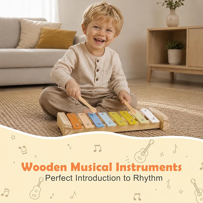 Kids Guitar Set, 6-in-1 Musical Instruments Set for Toddlers 2-3, Montessori Wooden Music Toys with Ukulele/Xylophone/Tambourine/Maracas, Birthday for Ages 2+ Girls Boys