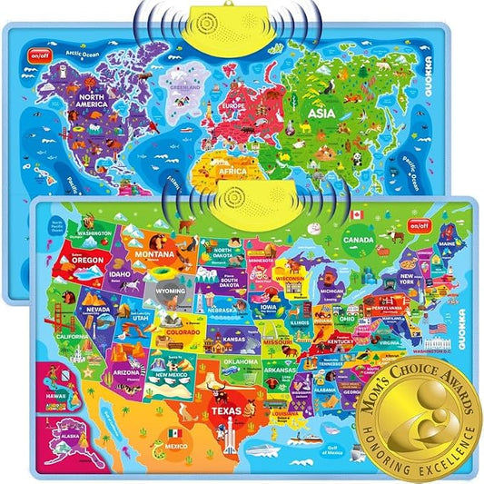 QUOKKA Educational Toys for Kids 5-7 Year Old - USA World Maps Puzzle Learning Wall Chart for Toddlers Age 3 4 6+ - Interactive Speech Therapy Poster Boy Girl - Autism Geography Puzzle Game 8-10-12