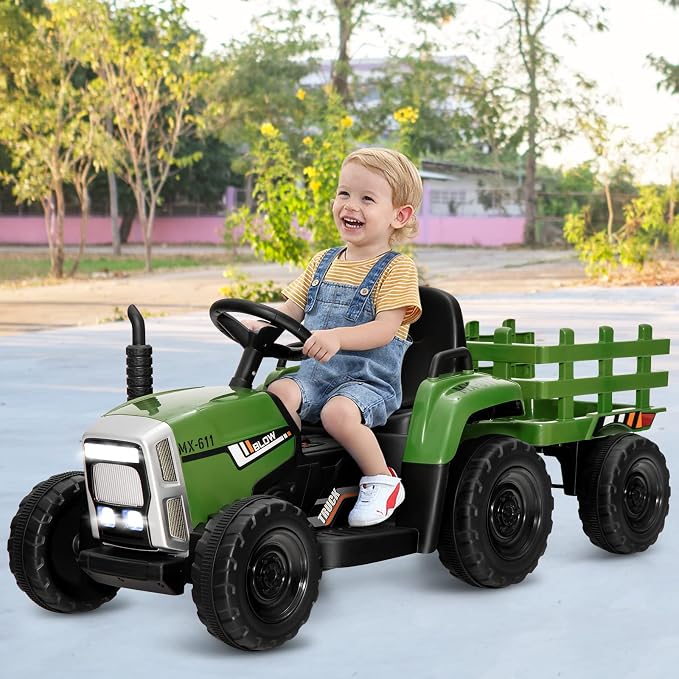HONEY JOY Ride On Tractor with Trailer, Toddler 3-Gear-Shift Ground Loader, LED Lights, Horn, Music, 12V Battery Powered Electric Toy Tractor with Remote Control(Dark Green)