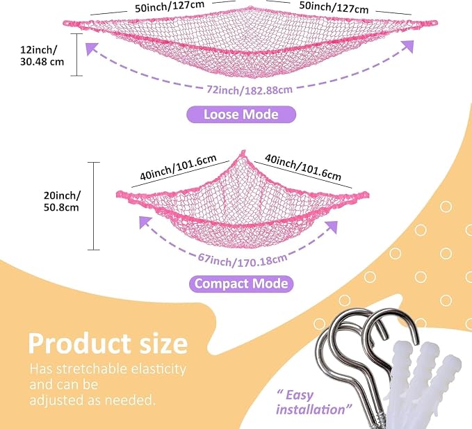 Lazebox Stuffed Animal Net Hammock for Plushie Toys, Stuffed Animal Hammock Corner for Kids' Room Decor, Ideas for Organizing Stuffy Collection, Pink, L (67" x 40" x 40")-Pack of 1