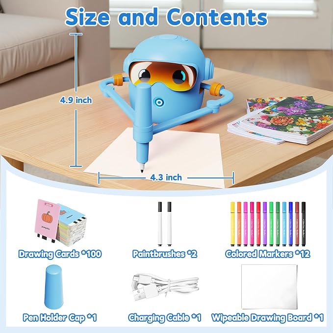 Peledic Drawing Robot Toy for Kids with 100 Word Cards & 12 Color Pens, Voice Interactive Educational Drawing Machine, Montessori Painting Toys for 3 4 5 6 7 8 Year Old Boys Girls Easter Gifts (Blue)