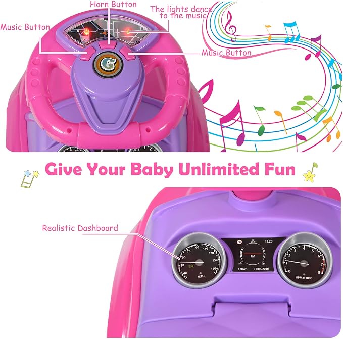 Costzon 3 in 1 Ride on Push Car, Stroller Sliding Walking Car with Horn, Music, Light, Under Seat Storage, Parental Handle, Armrest Guardrails, Ride on Toy for Boys & Girls (Pink)